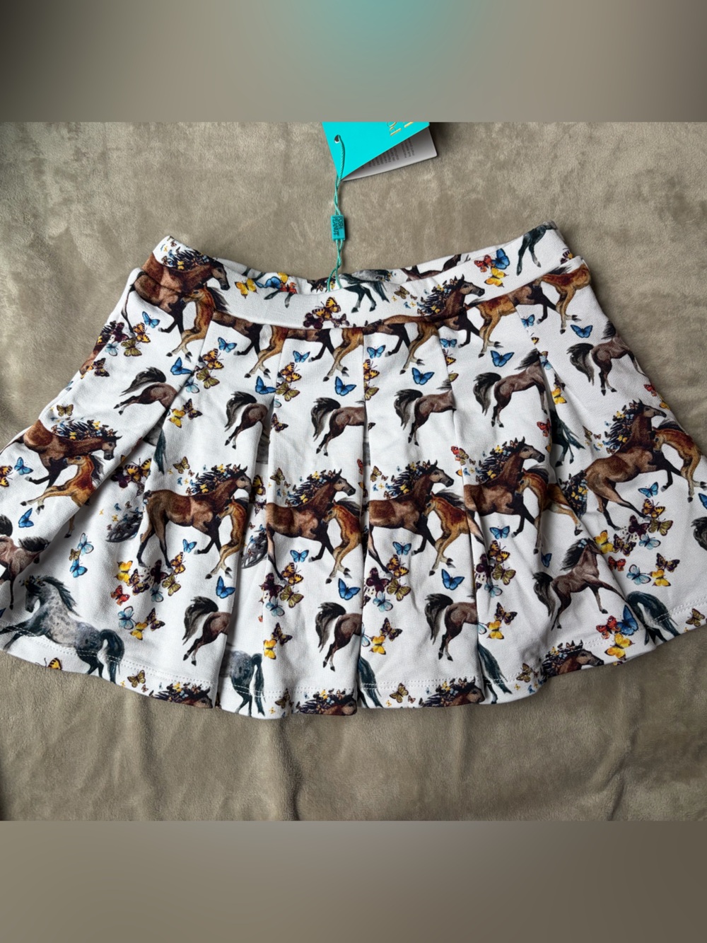 Posh Peanut Claire White Skirt with Brown Horse and Blue Butterfly Print